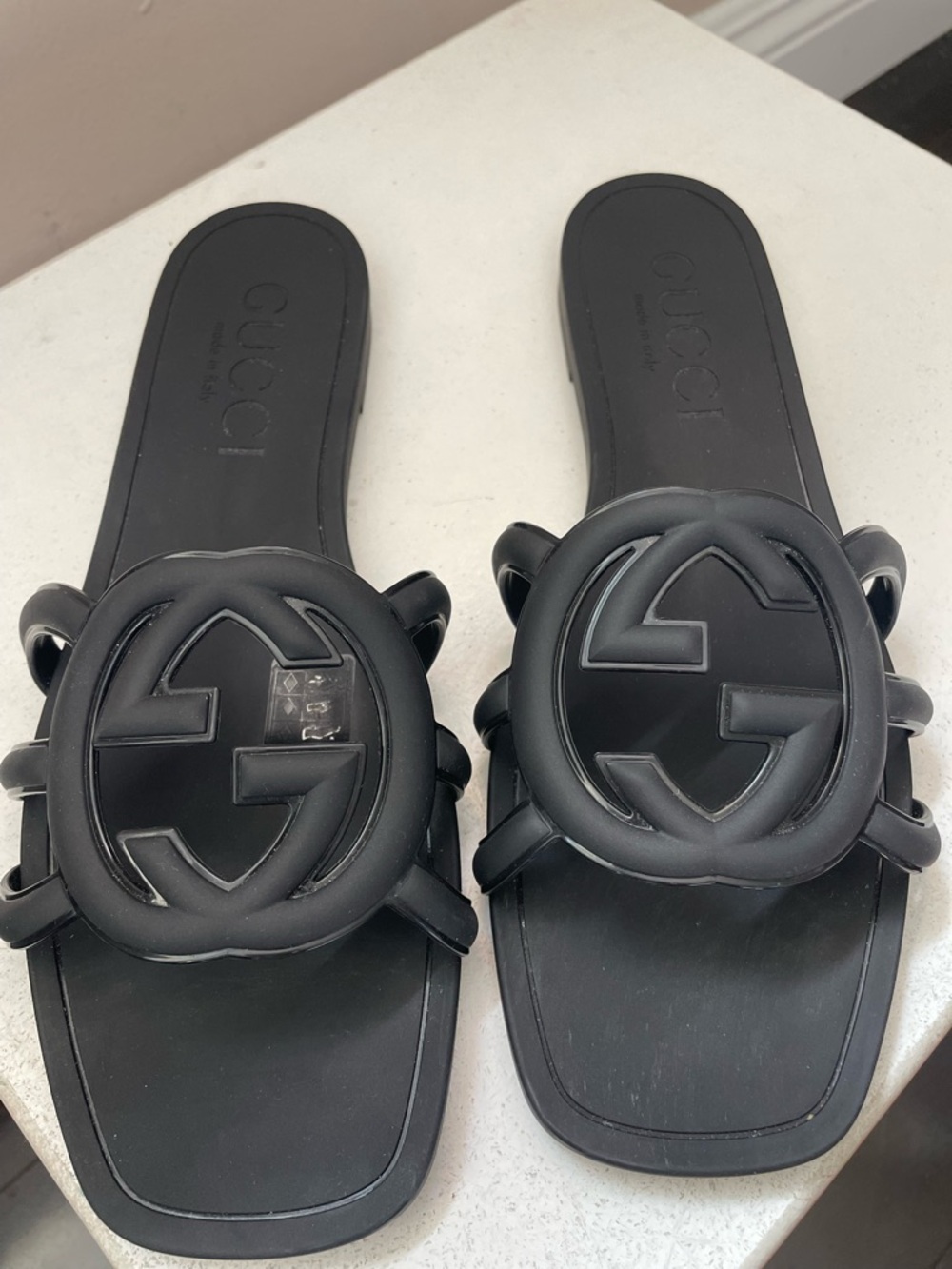 Gucci Black Rubber Interlocking G Slide Sandals